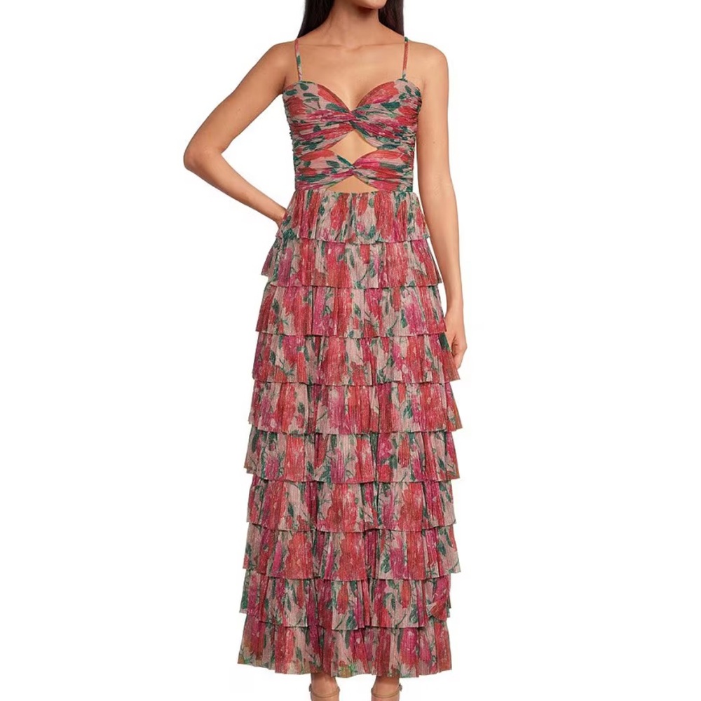 Gianni Bini Grace Plisse Floral Print Sweetheart Neck Cut-Out Tiered Dress